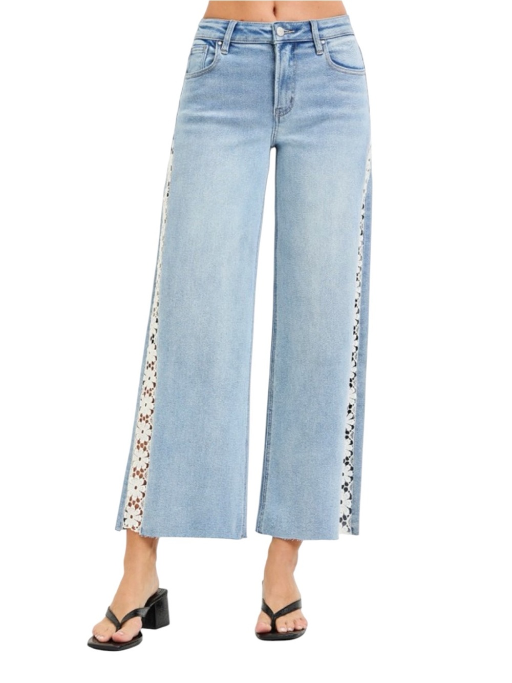 7107. Risen High Rise Crop Wide Leg Floral Lace Jeans